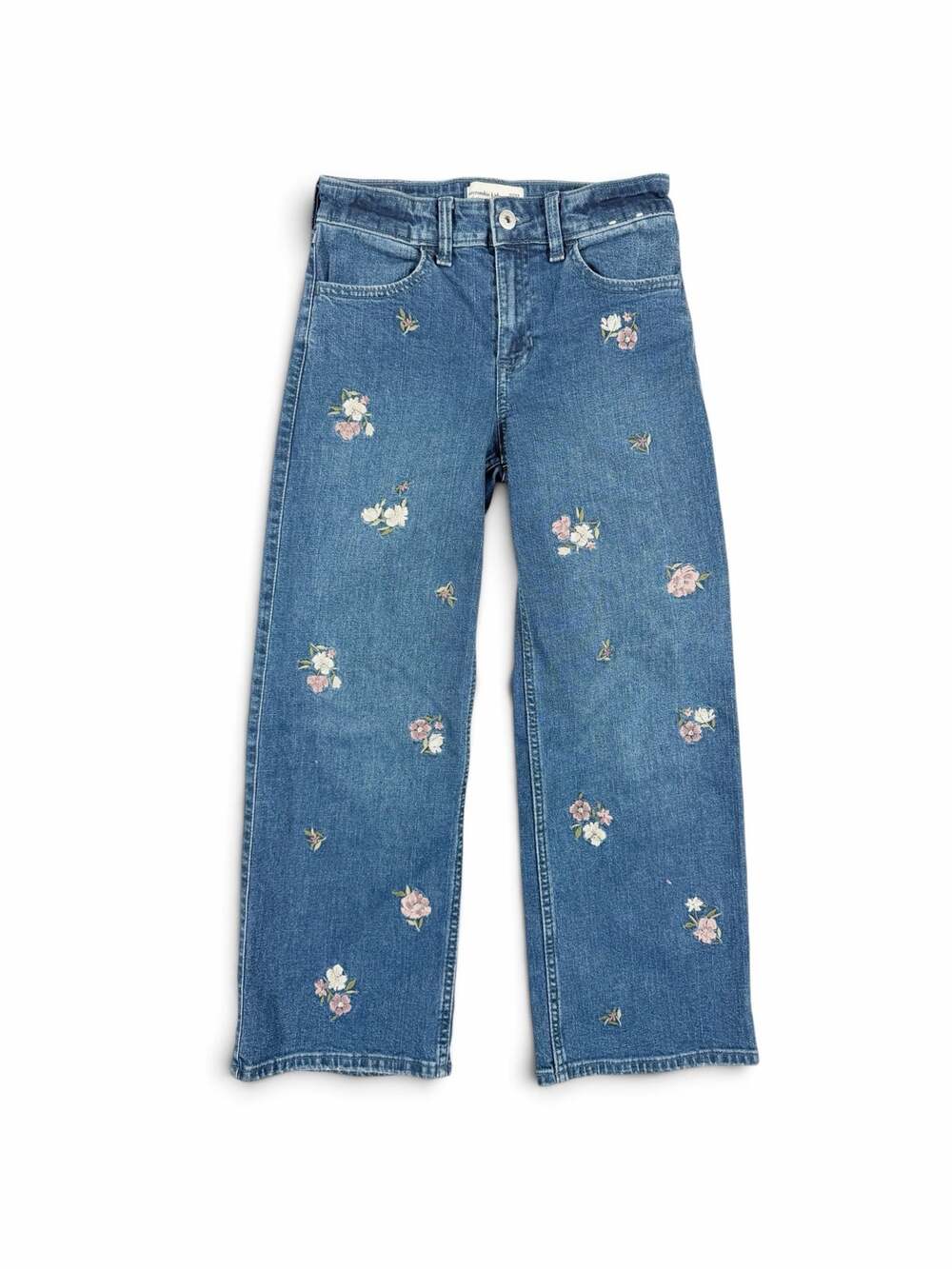 Abercrombie Kids Girls High Rise Wide Leg Floral Embroidered Jeans 11-12